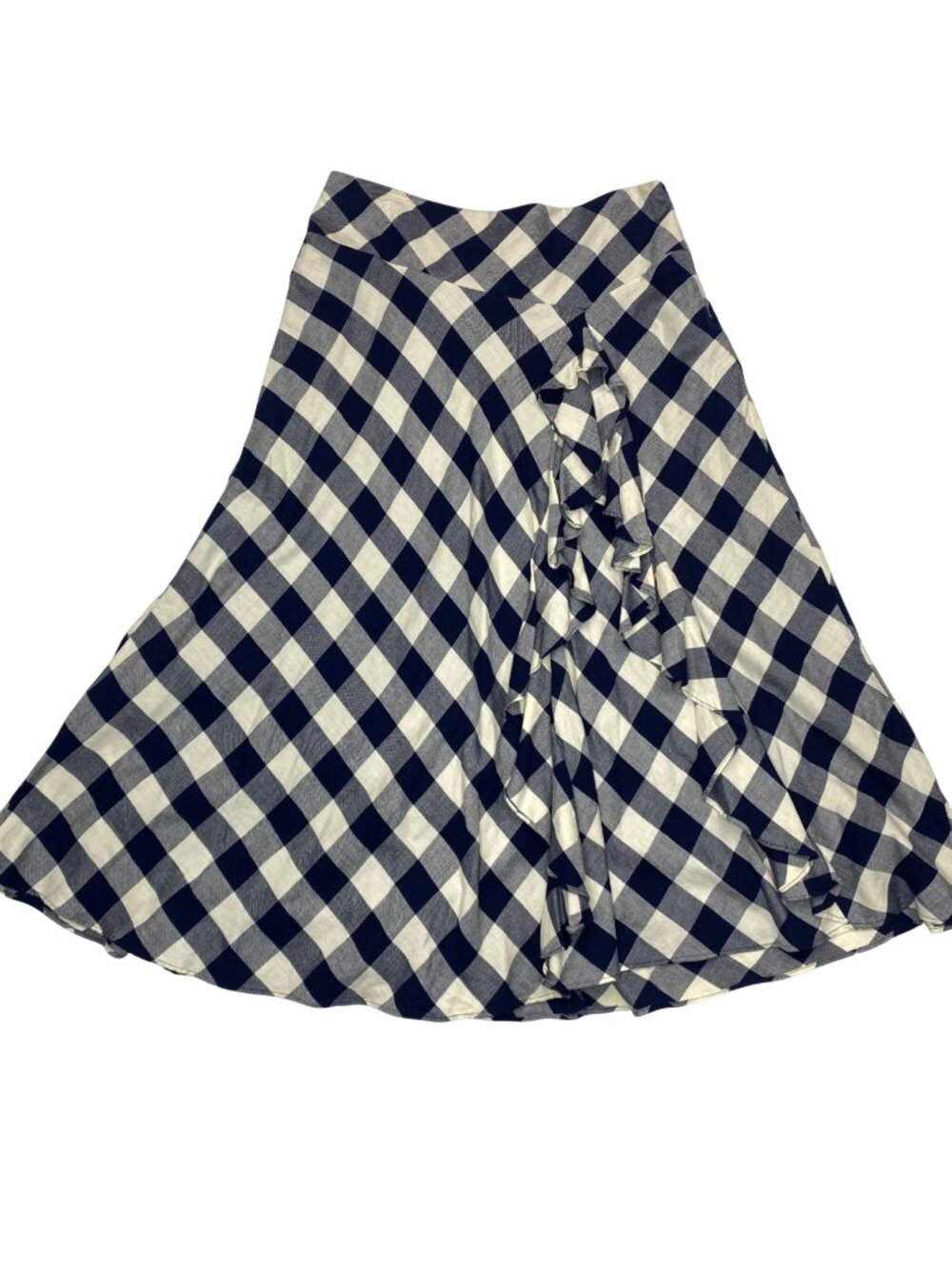 Lauren Ralph Lauren Navy/White Gingham Ruffle Lined Preppy Midi Skirt Women's 14